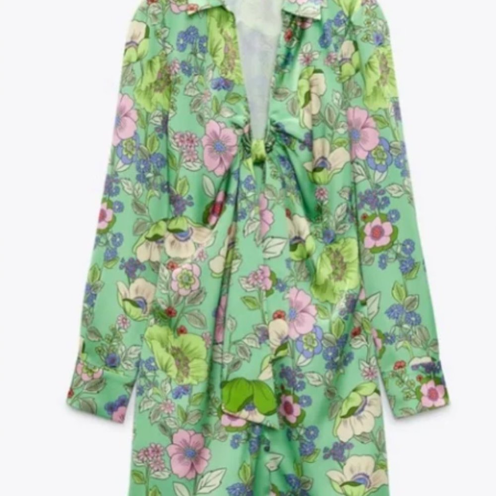 ZARA MS SIZE SMALL LIGHT GREEN WITH MULTI-COLOR FLORAL PRINT SATIN LIKE DRESS - Picture 4 of 12